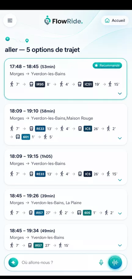 Liste d'options de trajet comparables en temps réel
