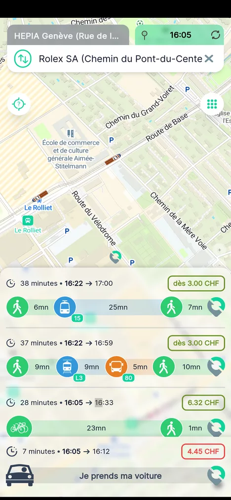 Comparaison de trajets tram, bus, vélo et voiture