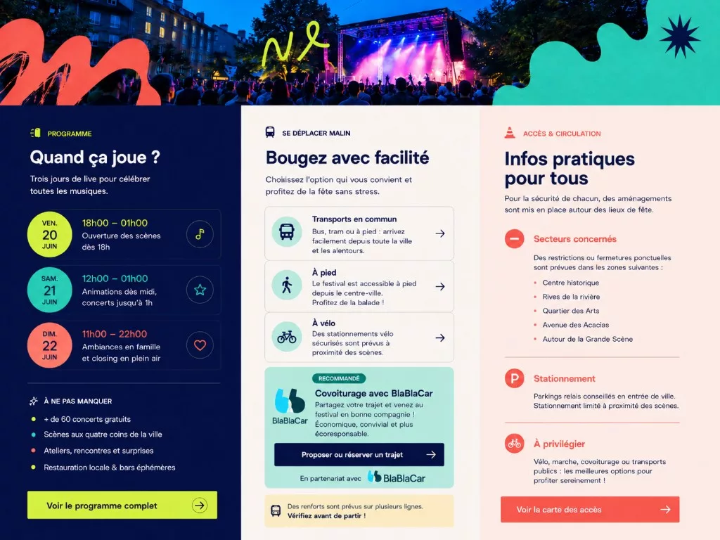 Page événementielle avec programme, mobilité et informations pratiques