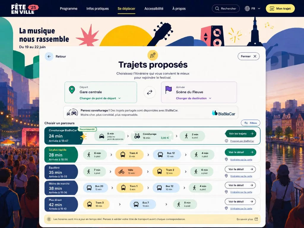 Résultats d'itinéraires multimodaux avec covoiturage, transports publics et marche